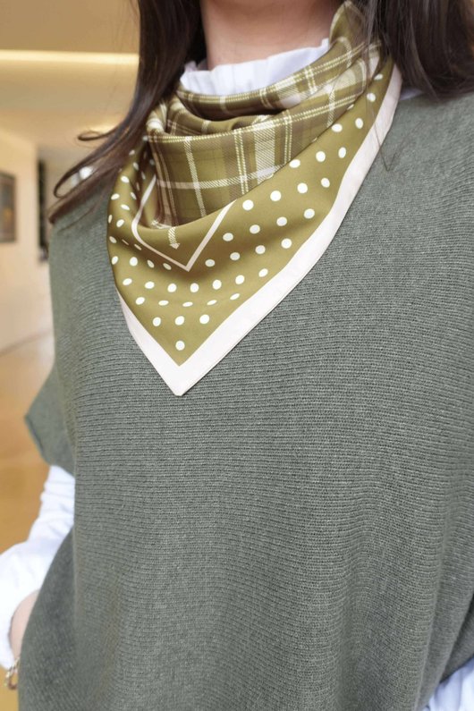 Plaid & Polka Border Triangle Silk Neckerchief Olive